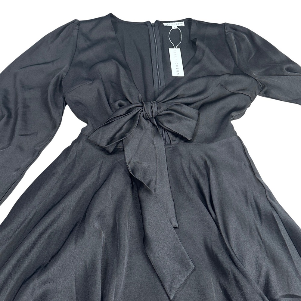 Baltic Born Woodbury Satin Mini Dress Black V-Neck Tie Front Long Sleeve Small - Picture 5 of 16